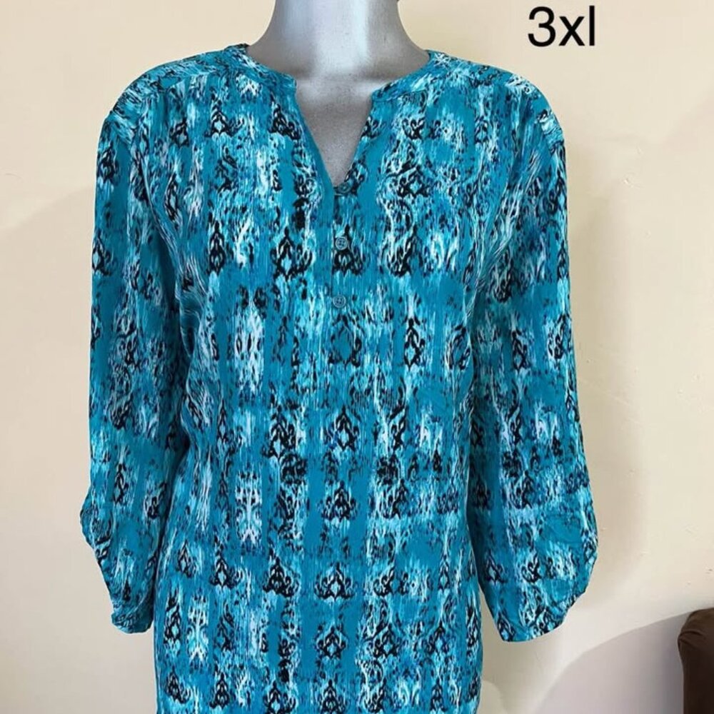 Faded Glory Blue Relaxed Tunic with Mandarin Collar